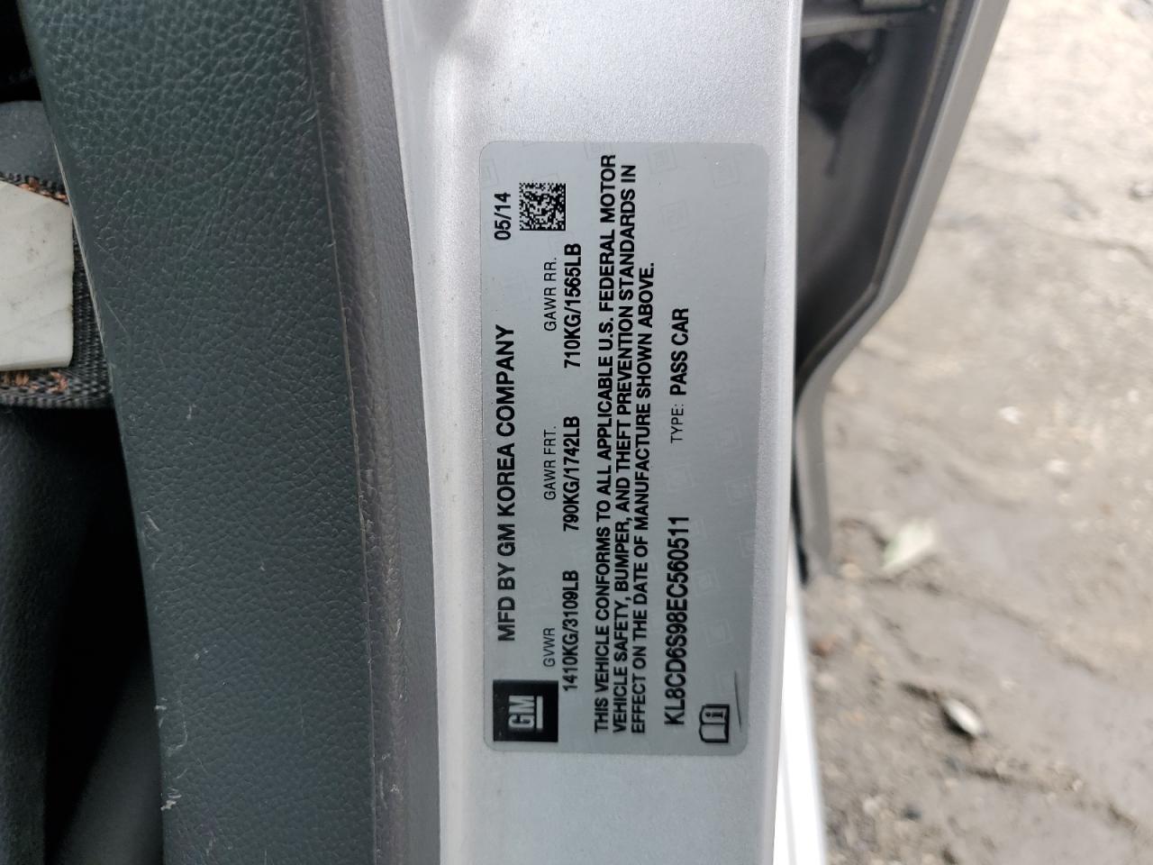 2014 Chevrolet Spark 1Lt VIN: KL8CD6S98EC560511 Lot: 86479695