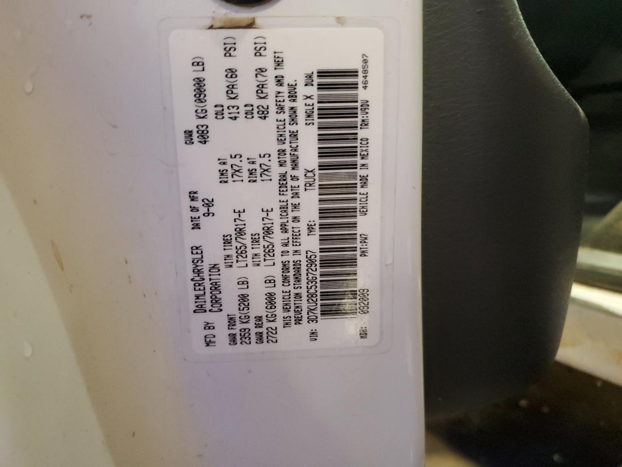 2003 Dodge Ram 2500 St VIN: 3D7KU28C53G729057 Lot: 89488415