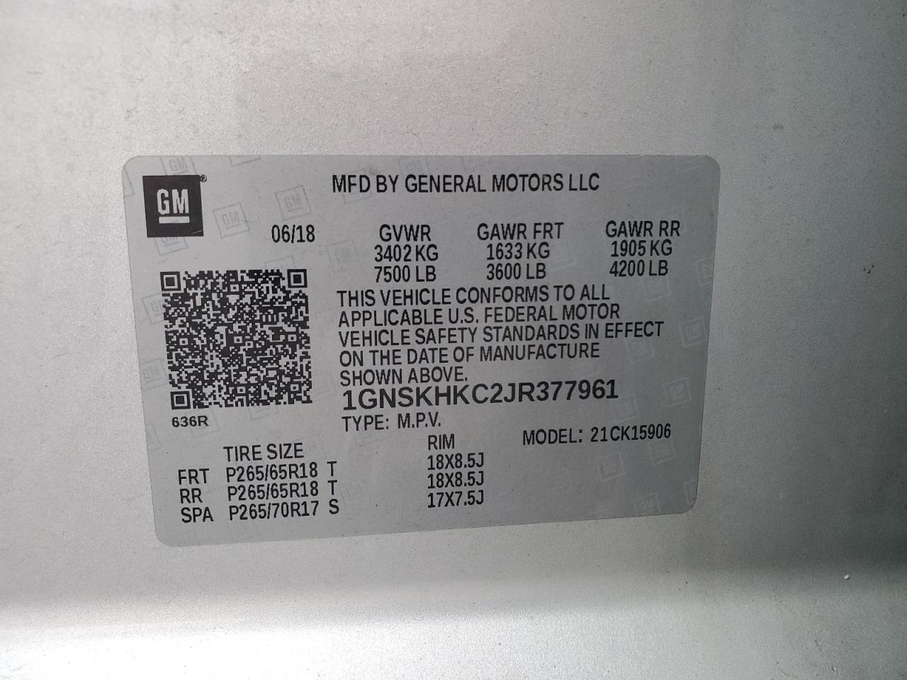 2018 Chevrolet Suburban K1500 Lt VIN: 1GNSKHKC2JR377961 Lot: 85914475