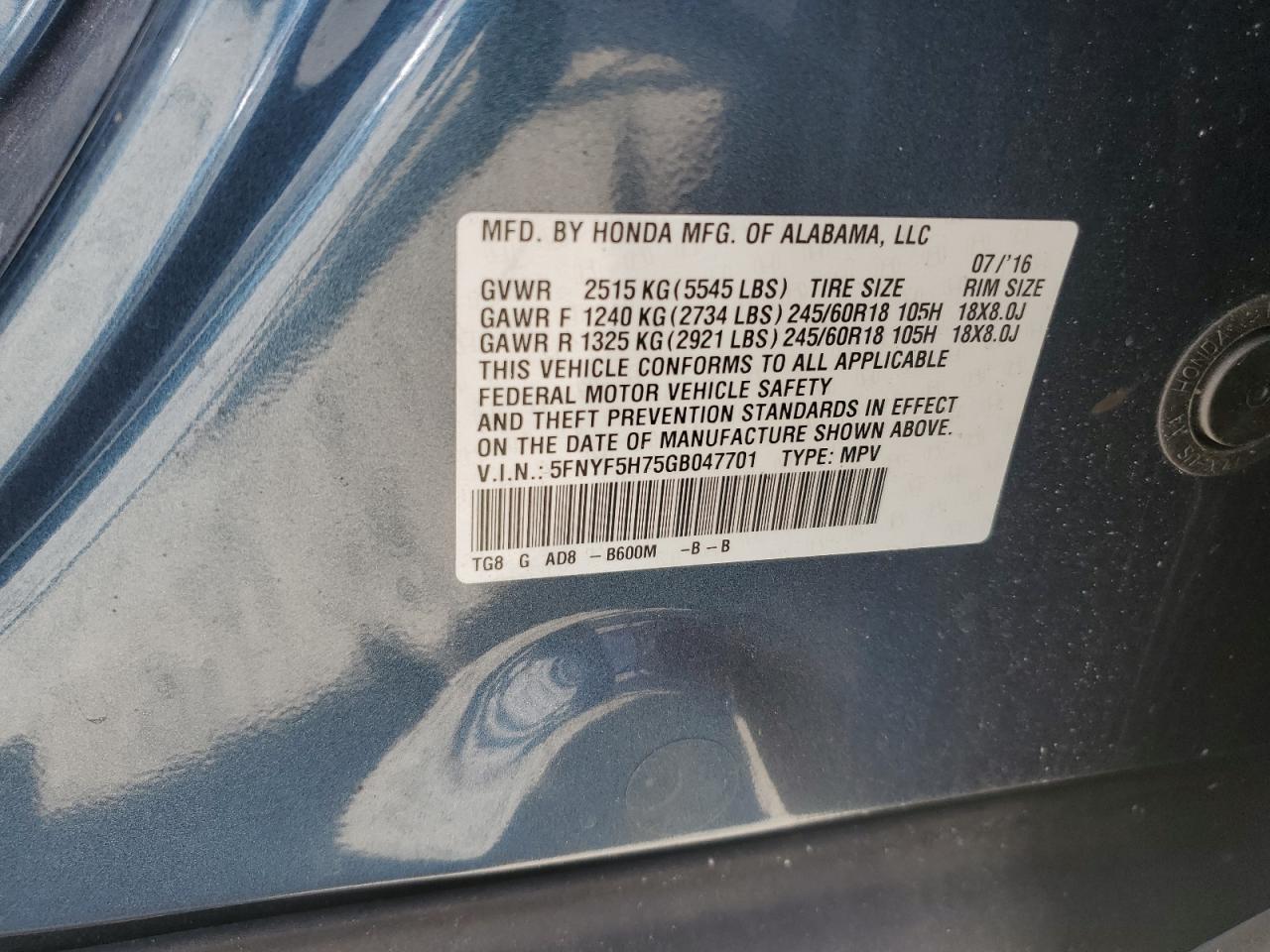 2016 Honda Pilot Exln VIN: 5FNYF5H75GB047701 Lot: 85958995