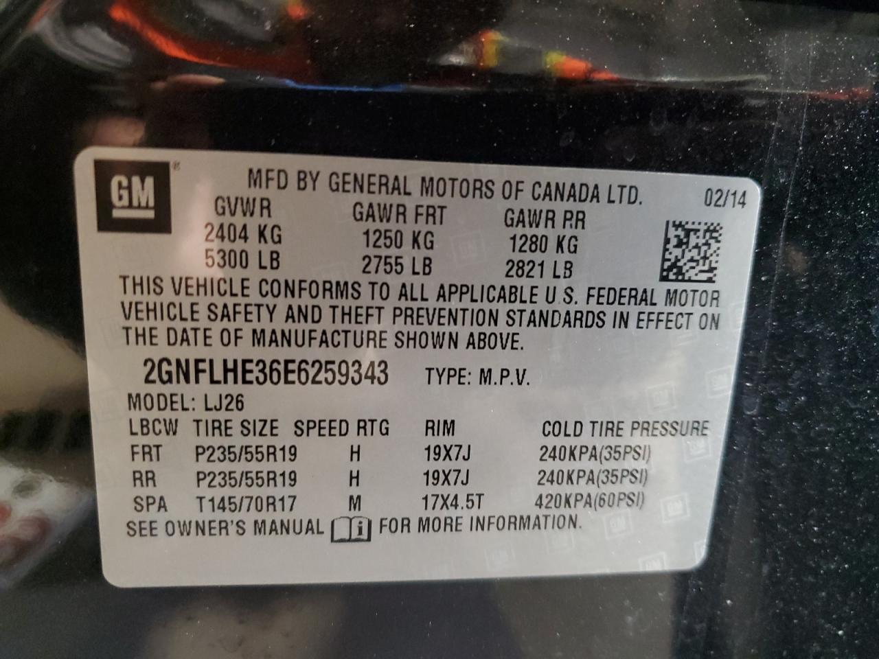 2014 Chevrolet Equinox Ltz VIN: 2GNFLHE36E6259343 Lot: 82390845