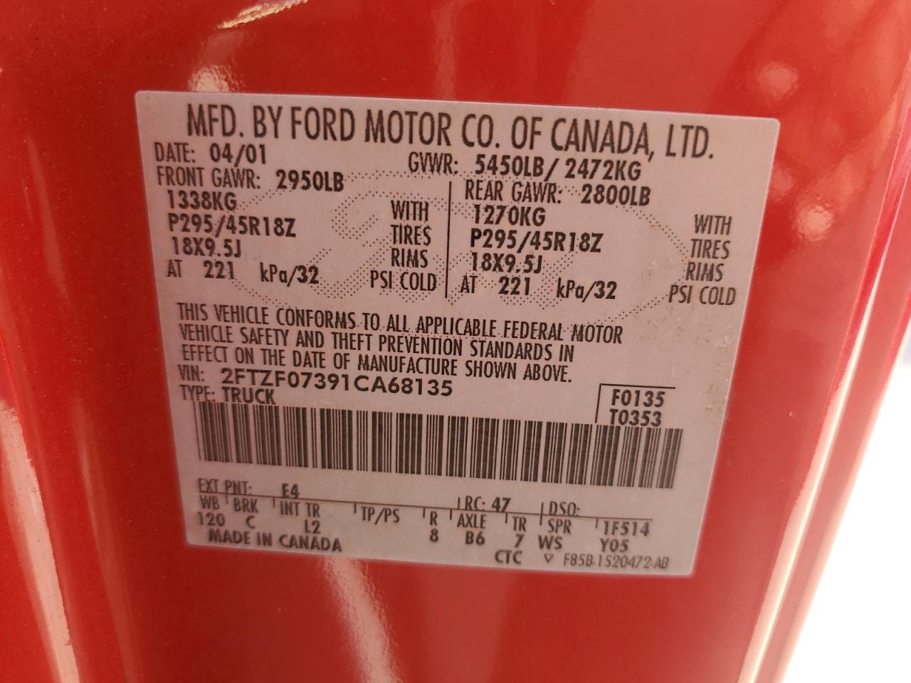 2001 Ford F150 Svt Lightning VIN: 2FTZF07391CA68135 Lot: 84476985