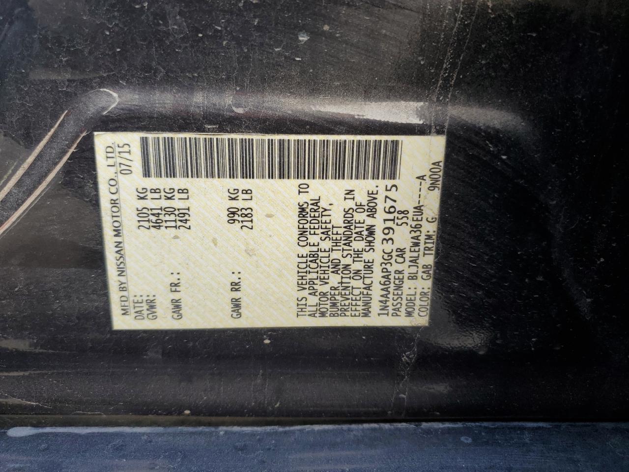 2016 Nissan Maxima 3.5S VIN: 1N4AA6AP3GC391675 Lot: 90084065