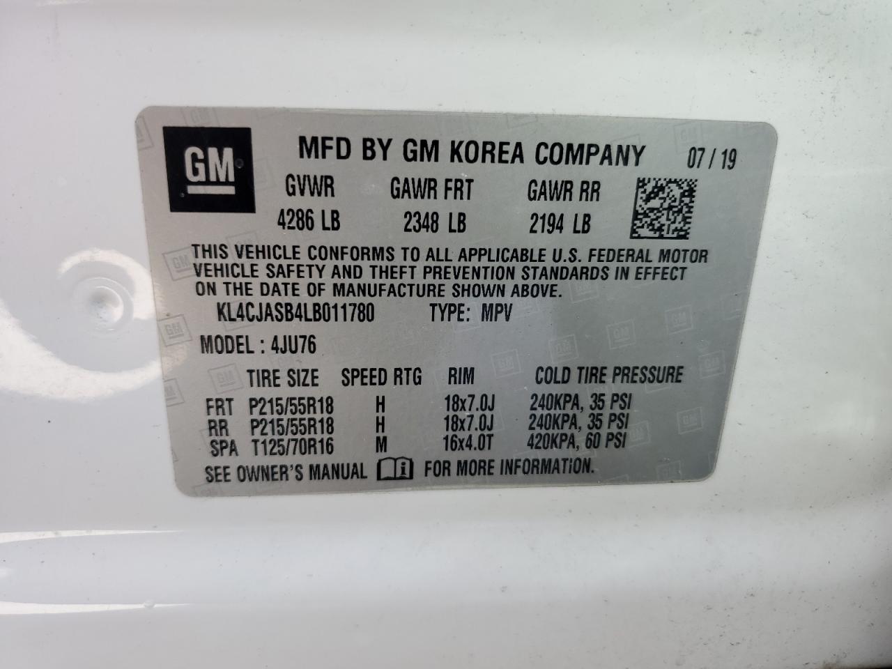 2020 Buick Encore Preferred VIN: KL4CJASB4LB011780 Lot: 85288355