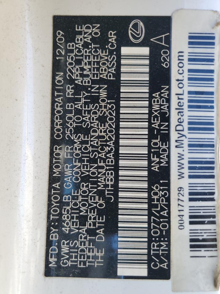 2010 Lexus Hs 250H VIN: JTHBB1BA3A2020231 Lot: 86498375