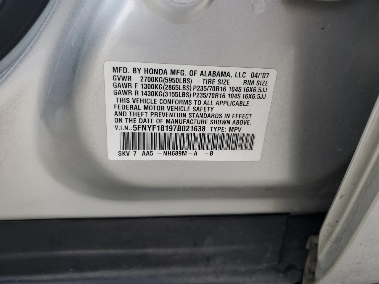 2007 Honda Pilot Lx VIN: 5FNYF18197B021638 Lot: 84471175