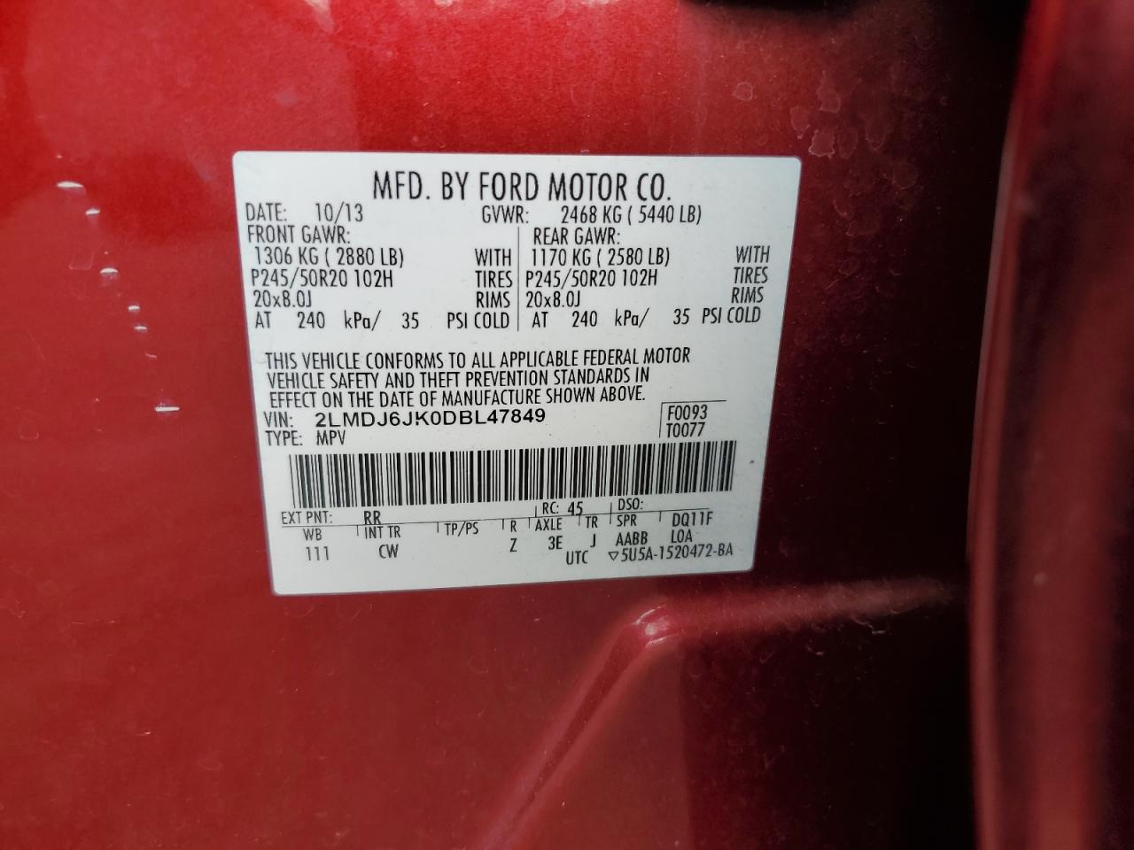 2013 Lincoln Mkx VIN: 2LMDJ6JK0DBL47849 Lot: 82700315