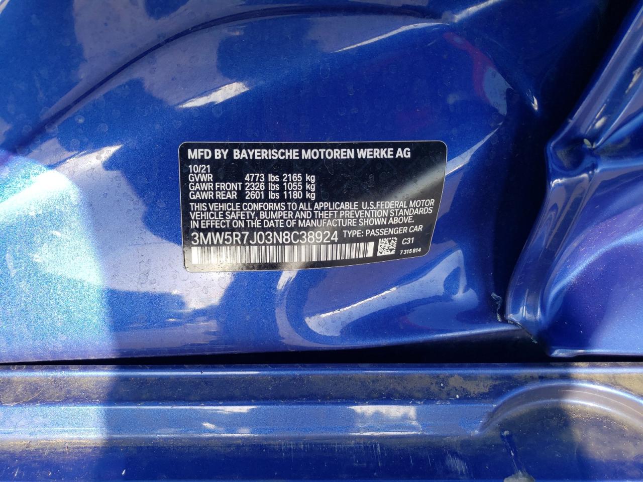 2022 BMW 330Xi VIN: 3MW5R7J03N8C38924 Lot: 86599855