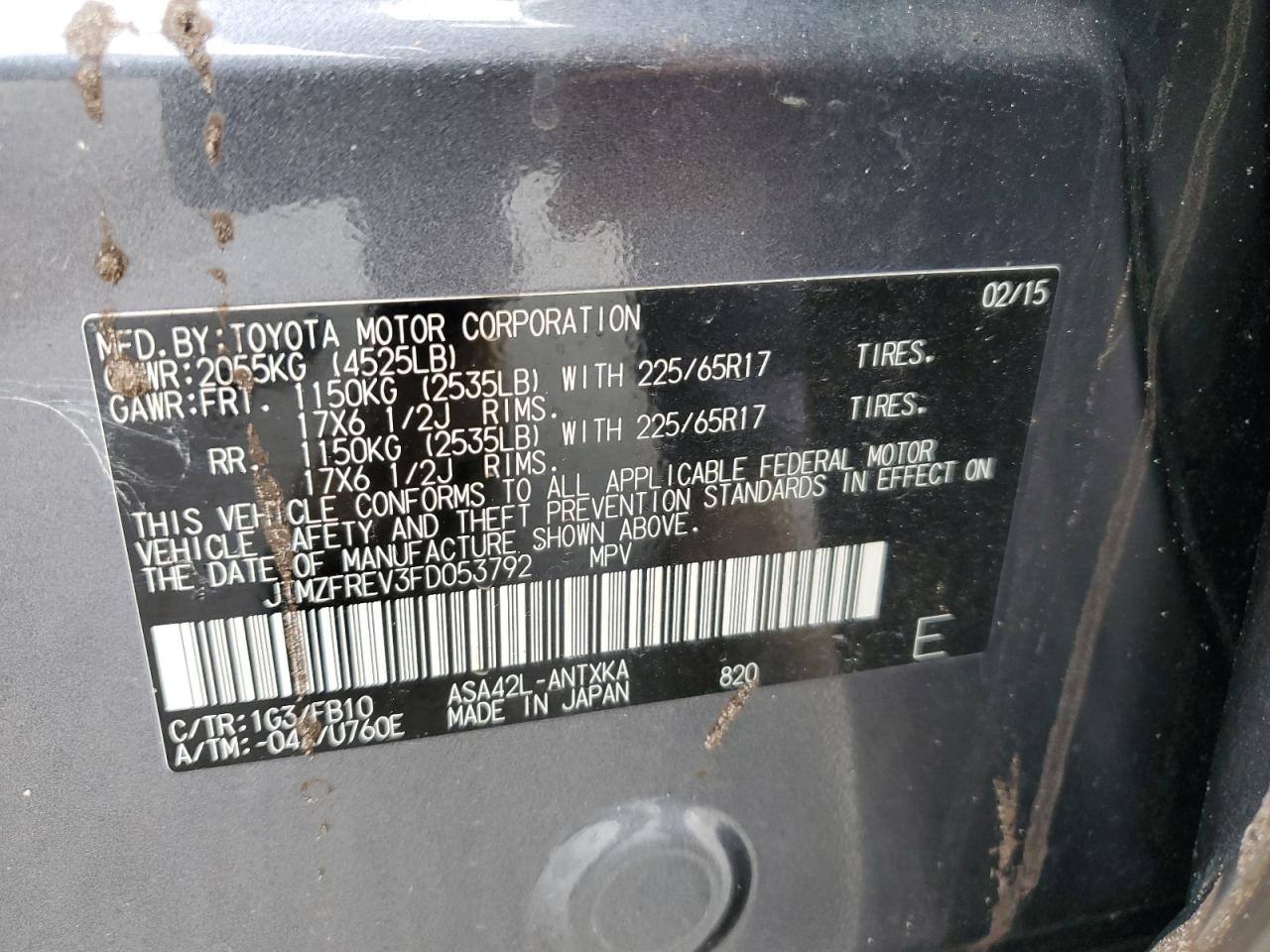 2015 Toyota Rav4 Le VIN: JTMZFREV3FD053792 Lot: 84887755