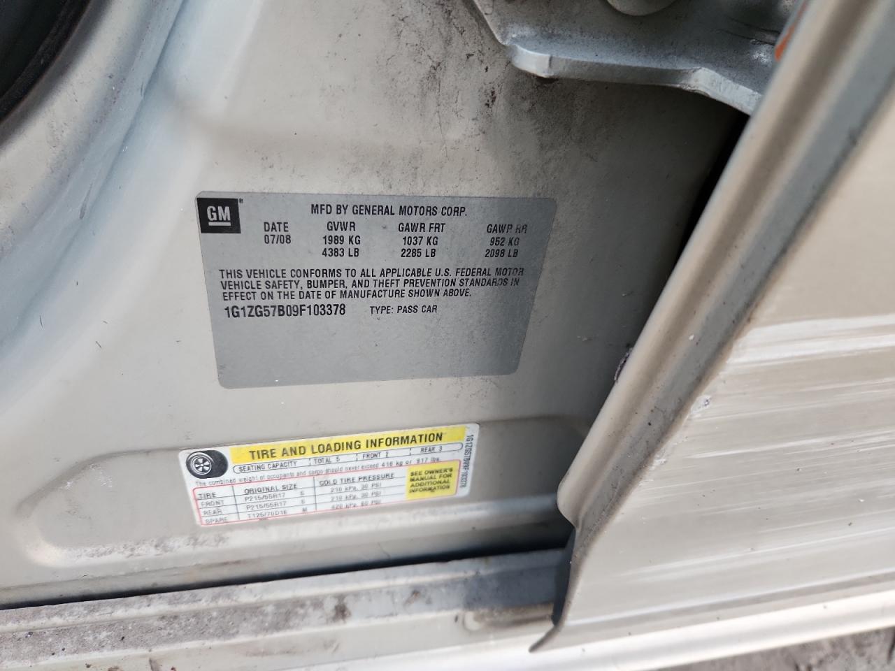 2009 Chevrolet Malibu Ls VIN: 1G1ZG57B09F103378 Lot: 85564235