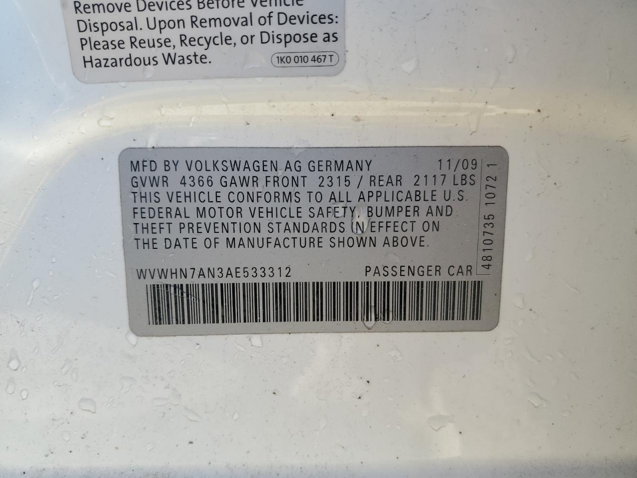 2010 Volkswagen Cc Luxury VIN: WVWHN7AN3AE533312 Lot: 87395495