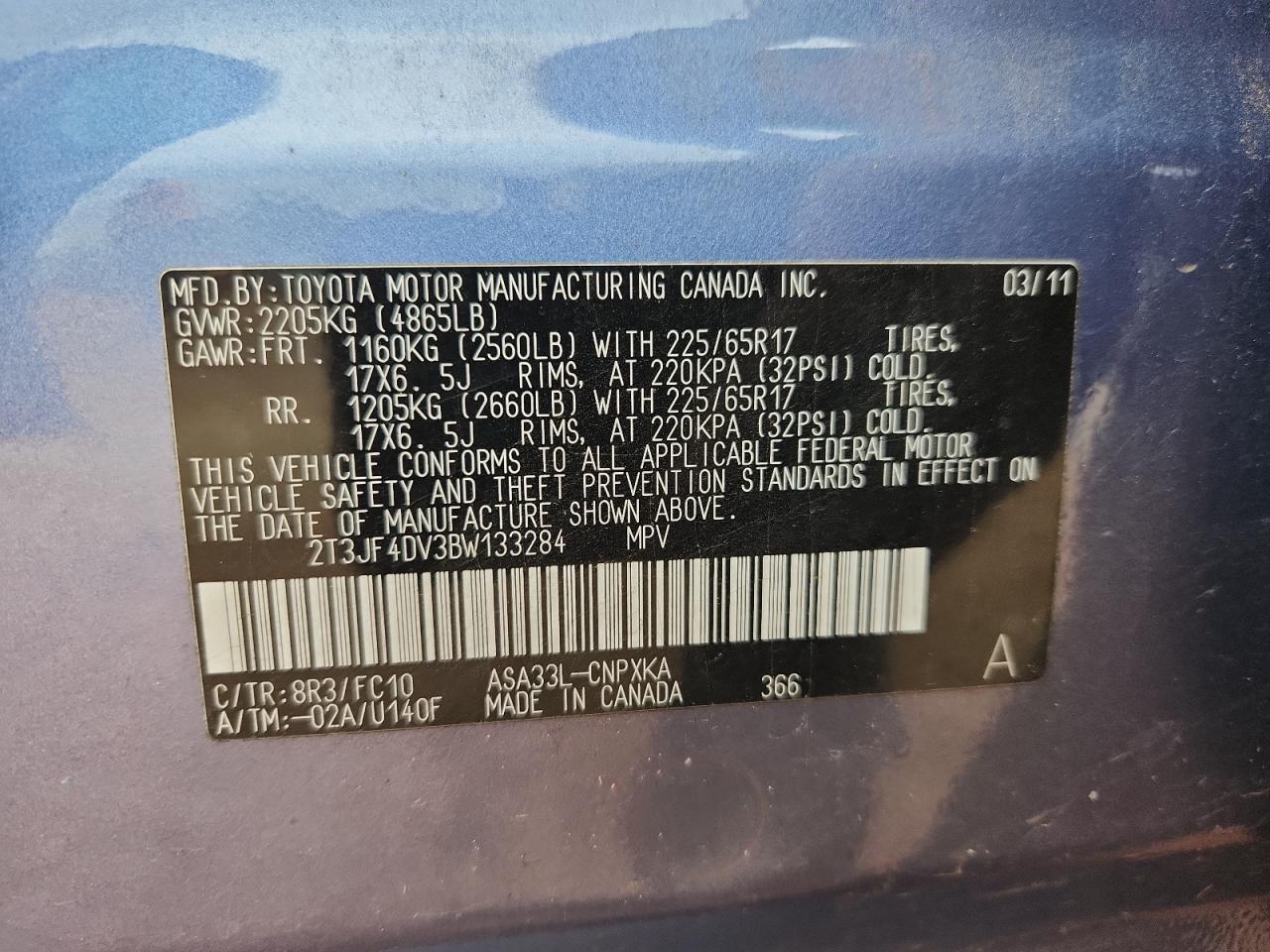 2011 Toyota Rav4 VIN: 2T3JF4DV3BW133284 Lot: 82332885