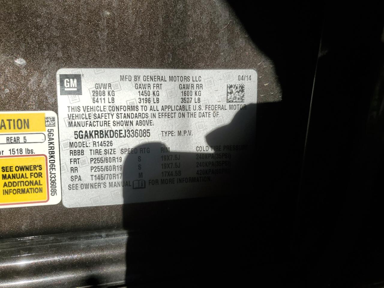 2014 Buick Enclave VIN: 5GAKRBKD6EJ336085 Lot: 87070665