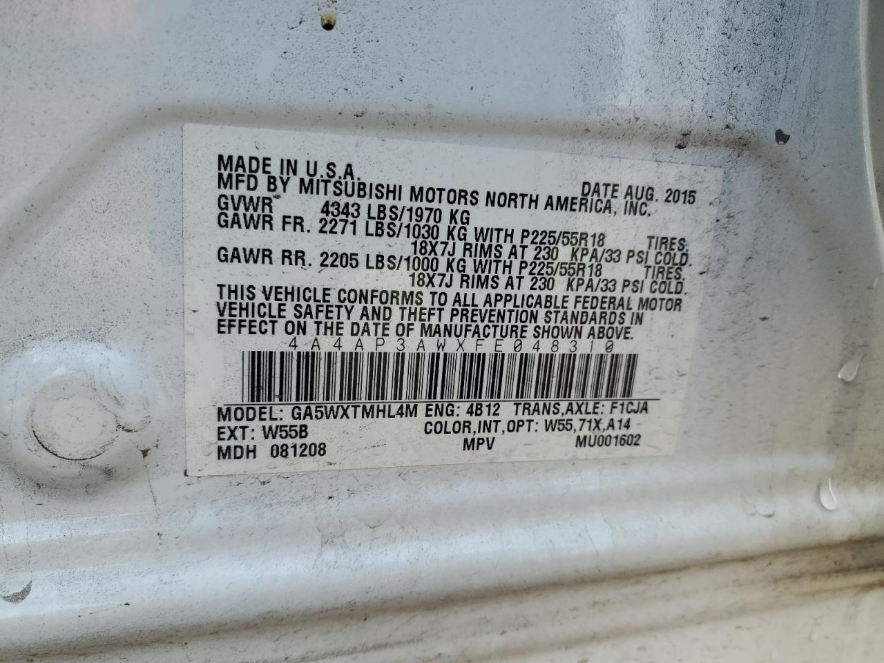 2015 Mitsubishi Outlander Sport Es VIN: 4A4AP3AWXFE048310 Lot: 82782245