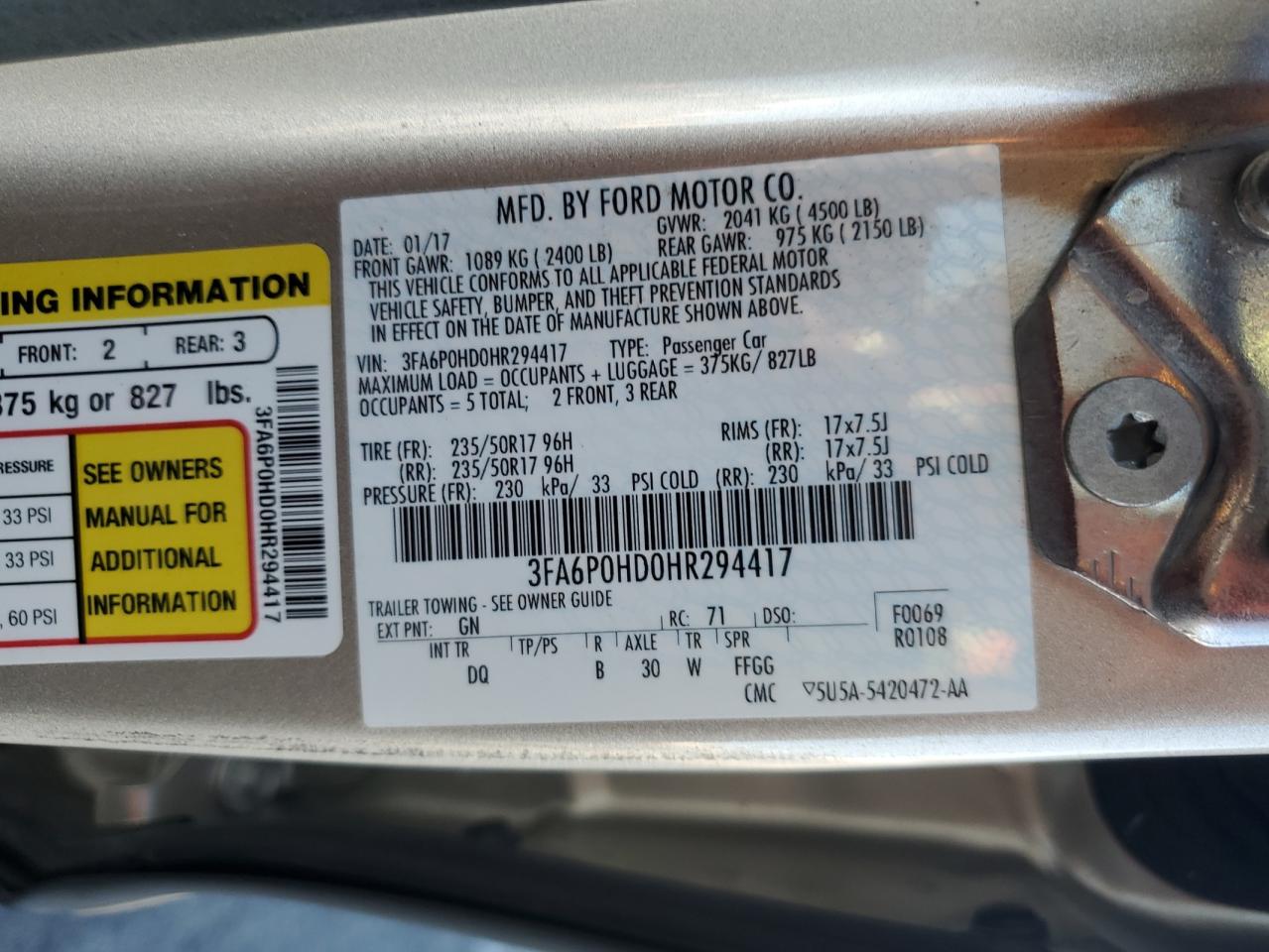 2017 Ford Fusion Se VIN: 3FA6P0HD0HR294417 Lot: 84992545