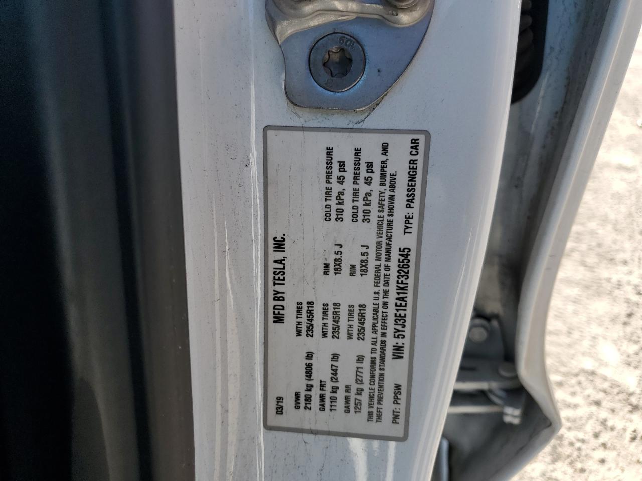 2019 Tesla Model 3 VIN: 5YJ3E1EA1KF326545 Lot: 90536015