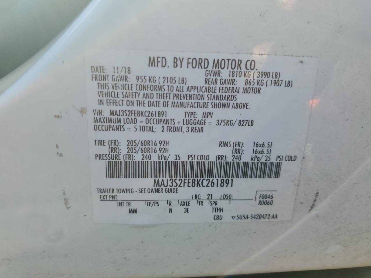 2019 Ford Ecosport S VIN: MAJ3S2FE8KC261891 Lot: 89519955