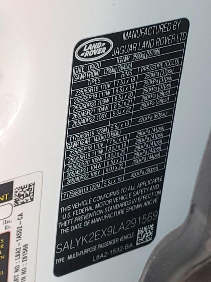 2020 Land Rover Range Rover Velar R-Dynamic S VIN: SALYK2EX9LA291569 Lot: 81957805