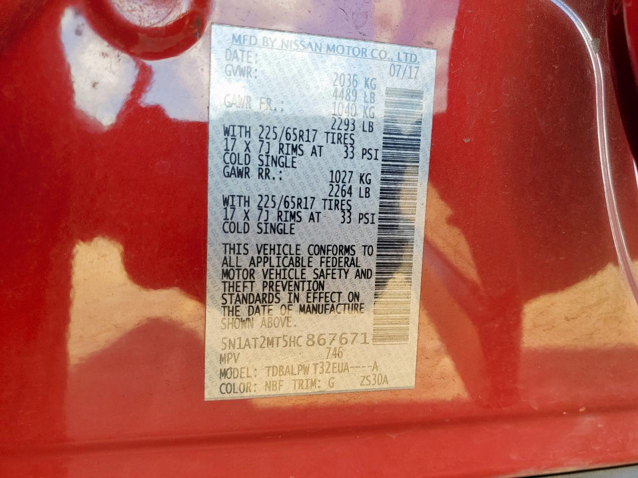 2017 Nissan Rogue S VIN: 5N1AT2MT5HC867671 Lot: 82291085