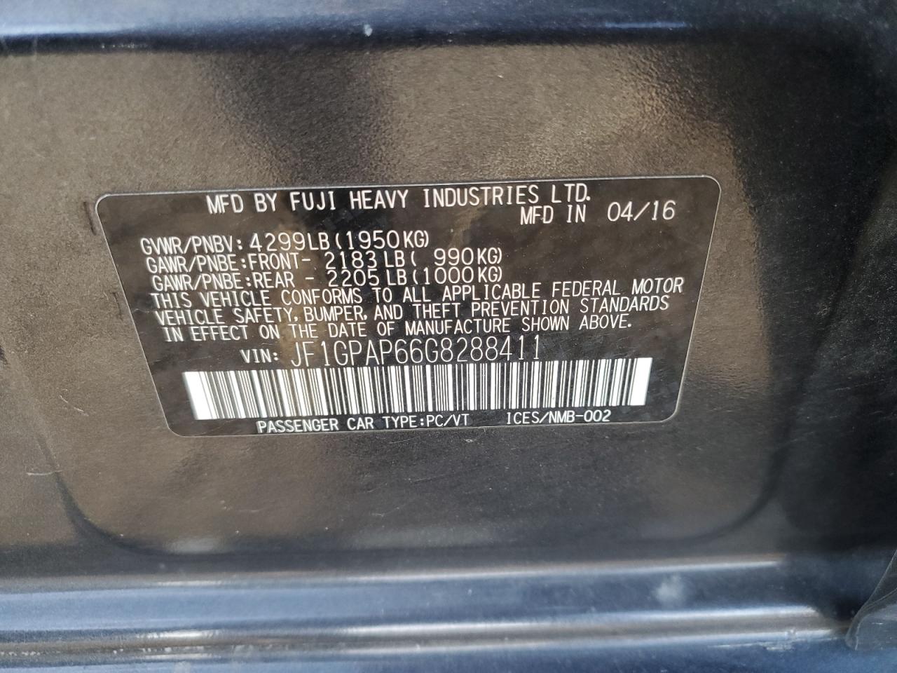 2016 Subaru Impreza Sport Premium VIN: JF1GPAP66G8288411 Lot: 85075615