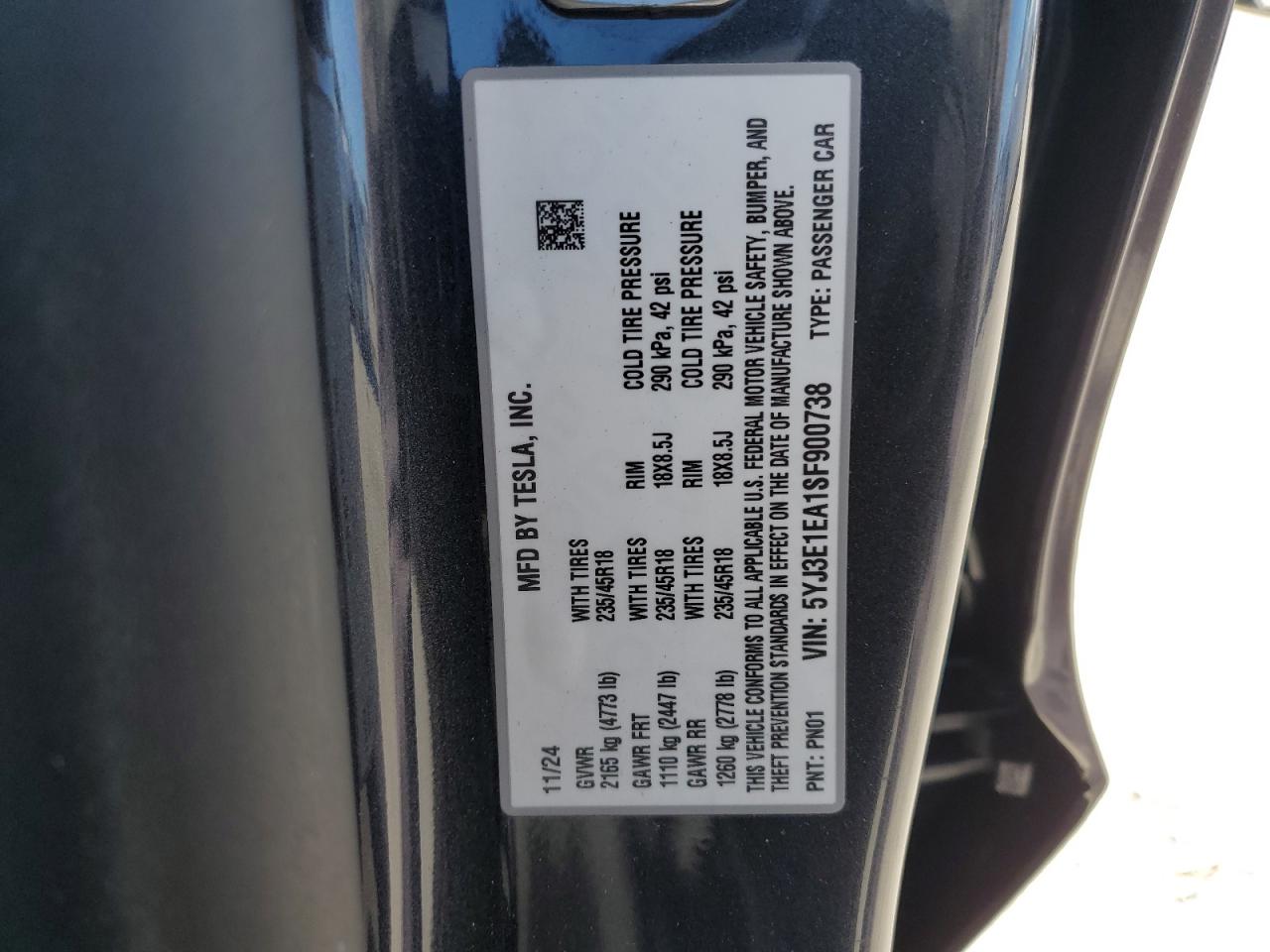 2025 Tesla Model 3 VIN: 5YJ3E1EA1SF900738 Lot: 86094495