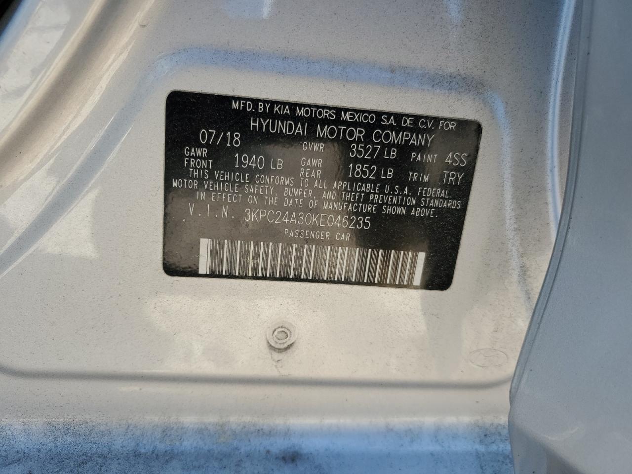 2019 Hyundai Accent Se VIN: 3KPC24A30KE046235 Lot: 89476375