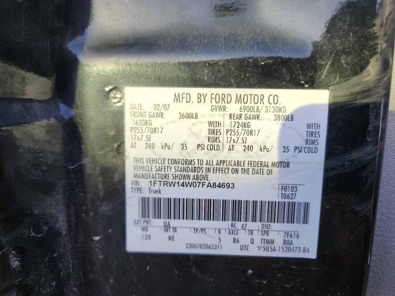 2007 Ford F150 Supercrew VIN: 1FTRW14W07FA84693 Lot: 87207125