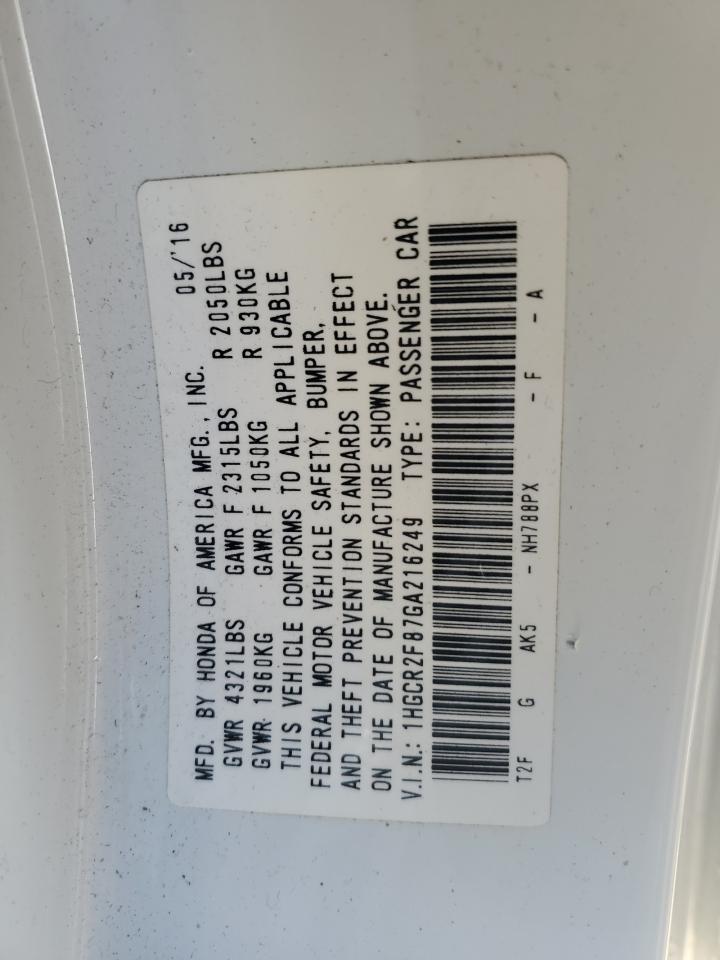 2016 Honda Accord Exl VIN: 1HGCR2F87GA216249 Lot: 82423665
