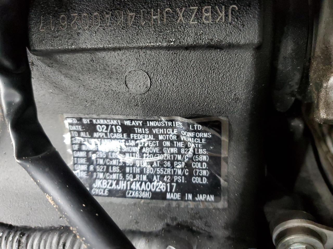 2019 Kawasaki Zx636 K VIN: JKBZXJH14KA002617 Lot: 90633735