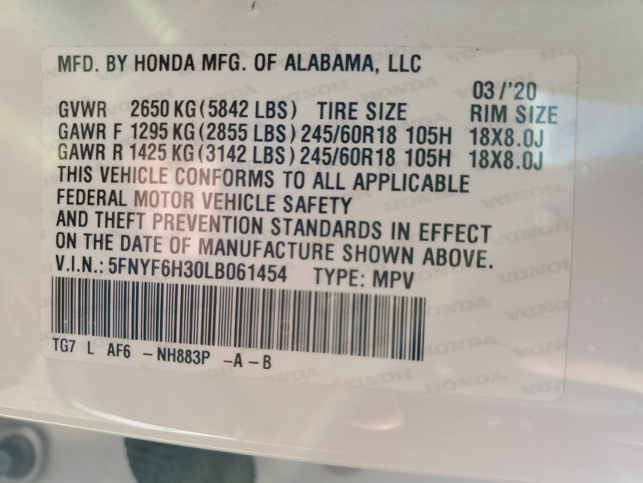 2020 Honda Pilot Ex VIN: 5FNYF6H30LB061454 Lot: 86484605