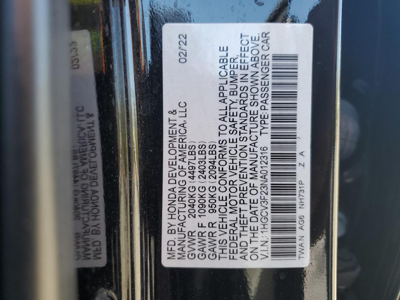 2022 Honda Accord Hybrid Sport VIN: 1HGCV3F23NA012316 Lot: 84925035