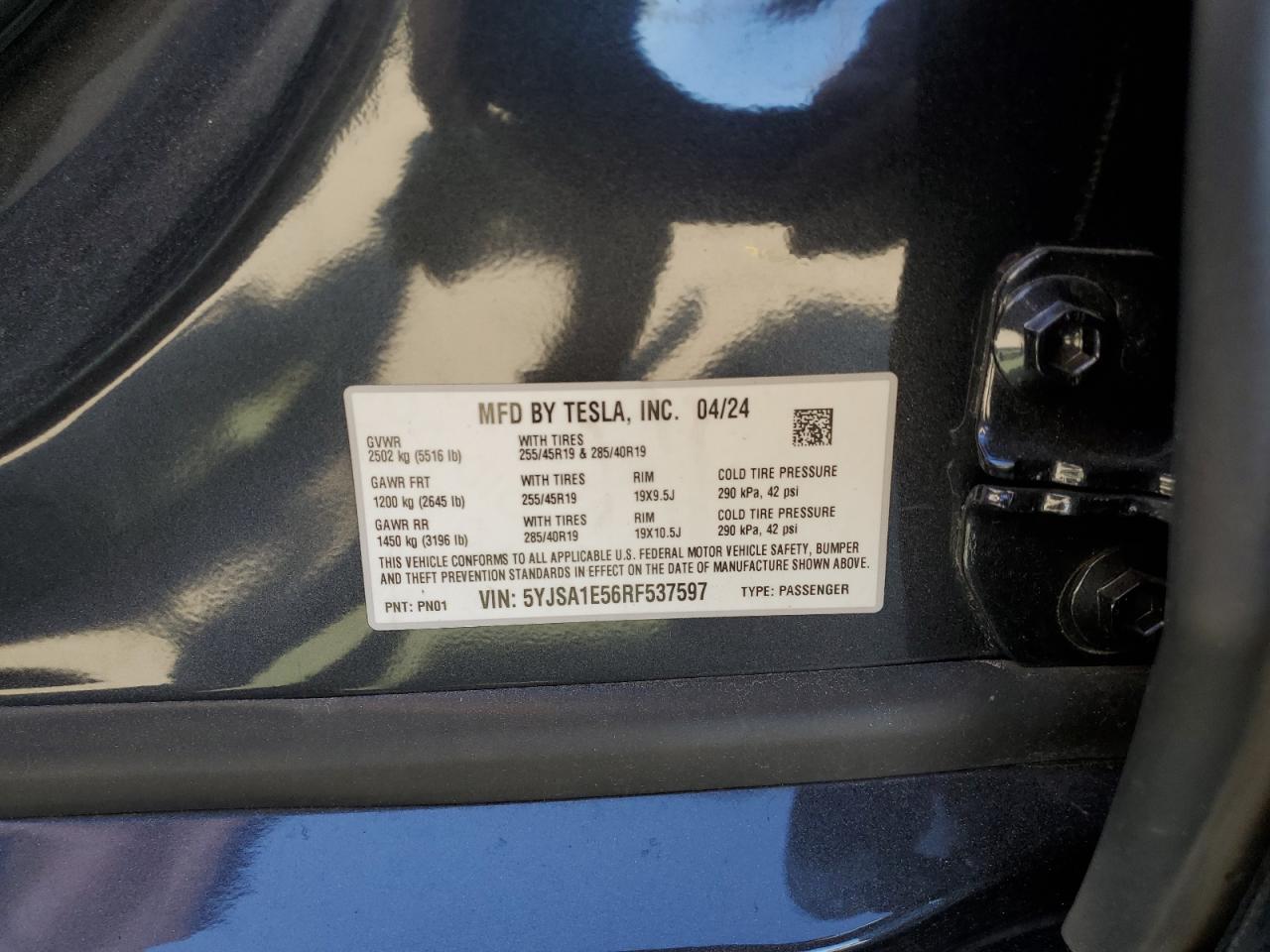 2024 Tesla Model S VIN: 5YJSA1E56RF537597 Lot: 90483705