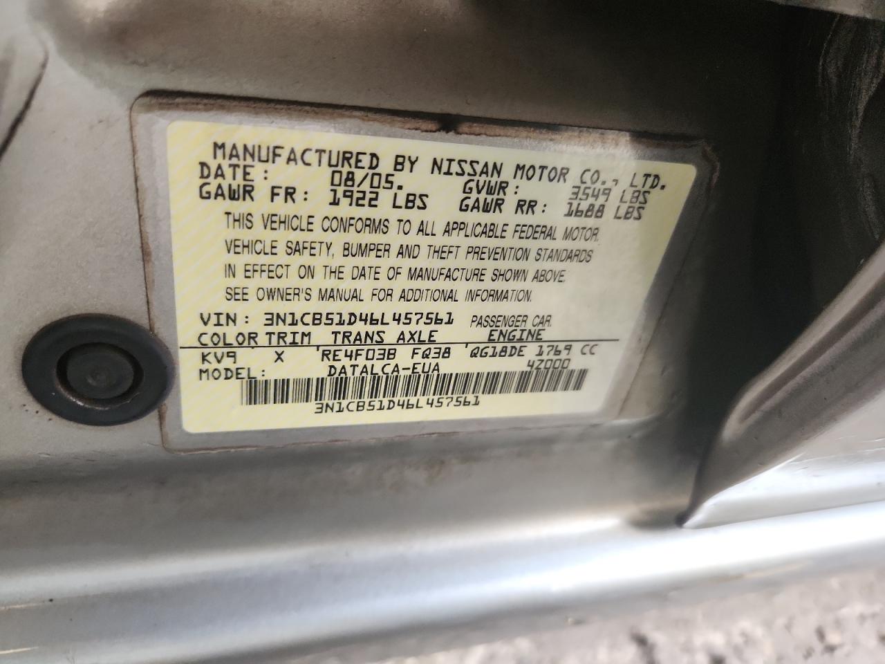 2006 Nissan Sentra 1.8 VIN: 3N1CB51D46L457561 Lot: 85297335