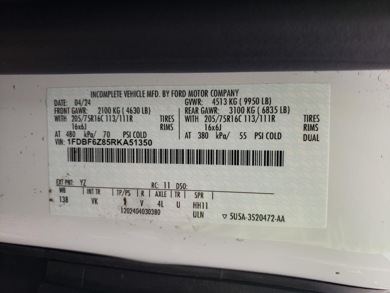 2024 Ford Transit Delivery Truck VIN: 1FDBF6Z85RKA51350 Lot: 91017875