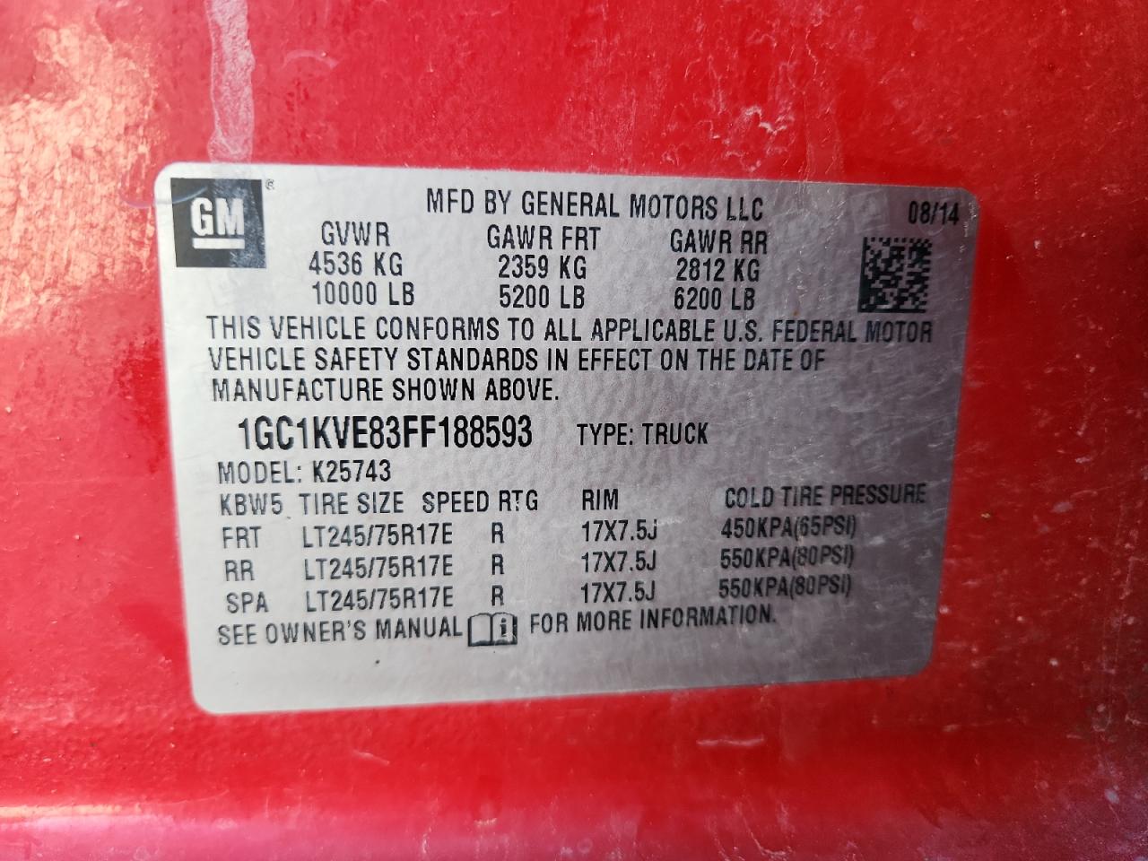 2015 Chevrolet Silverado K2500 Heavy Duty Lt VIN: 1GC1KVE83FF188593 Lot: 84929365