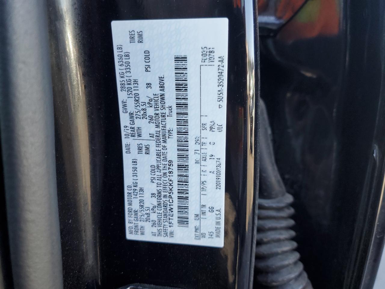 2019 Ford F150 Supercrew VIN: 1FTEW1CP5KKF18759 Lot: 90686775