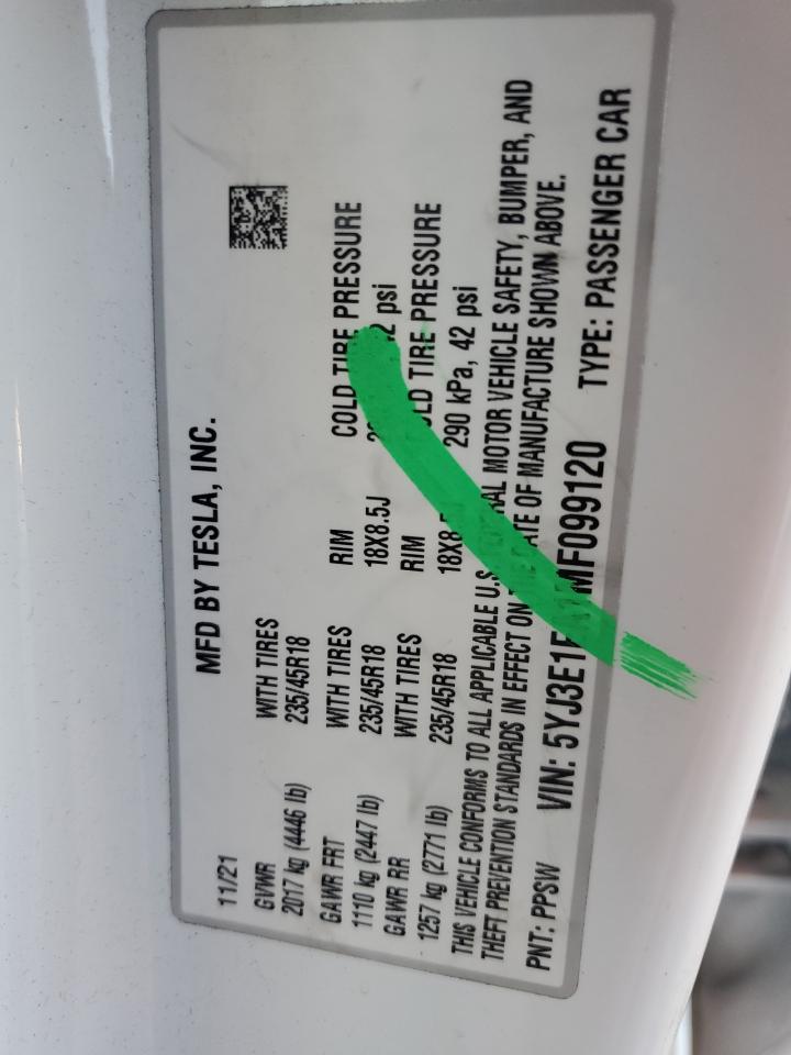 2021 Tesla Model 3 VIN: 5YJ3E1EA1MF099120 Lot: 86461195