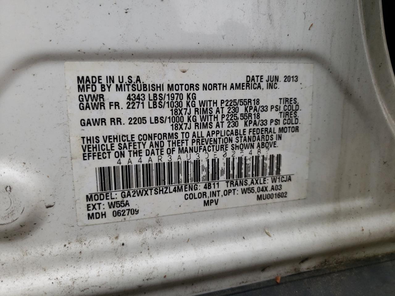 2013 Mitsubishi Outlander Sport Es VIN: 4A4AR3AU3DE025487 Lot: 90910515