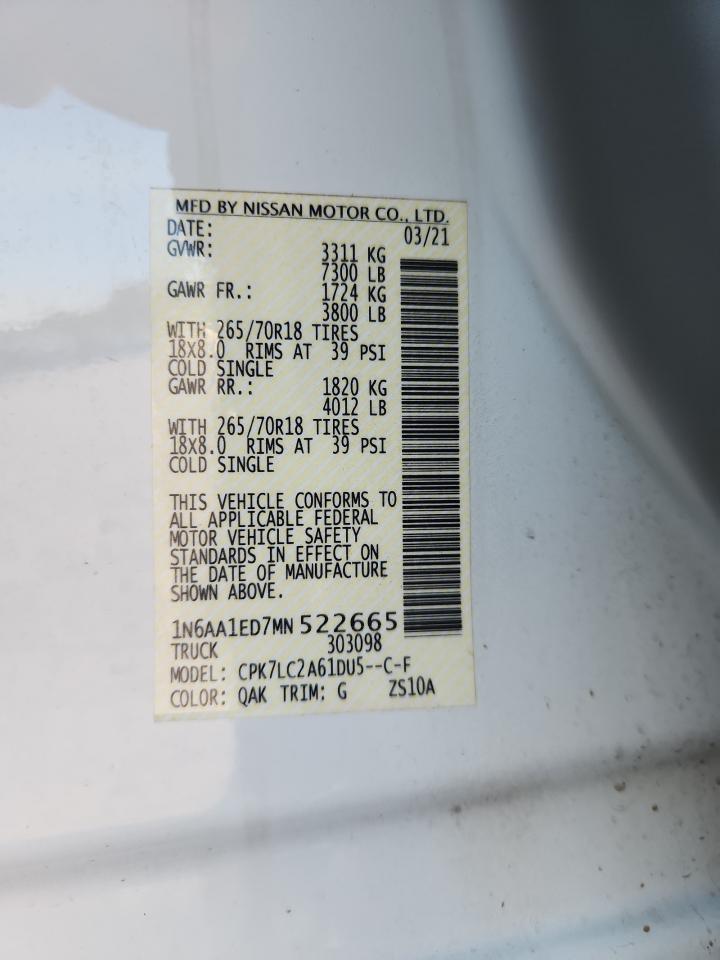 2021 Nissan Titan Sv VIN: 1N6AA1ED7MN522665 Lot: 82260455