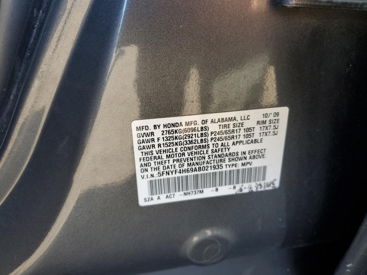 2010 Honda Pilot Exl VIN: 5FNYF4H69AB021935 Lot: 81441835