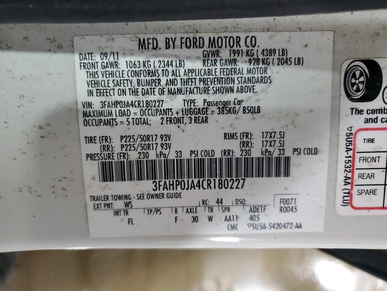 2012 Ford Fusion Sel VIN: 3FAHP0JA4CR180227 Lot: 90298315