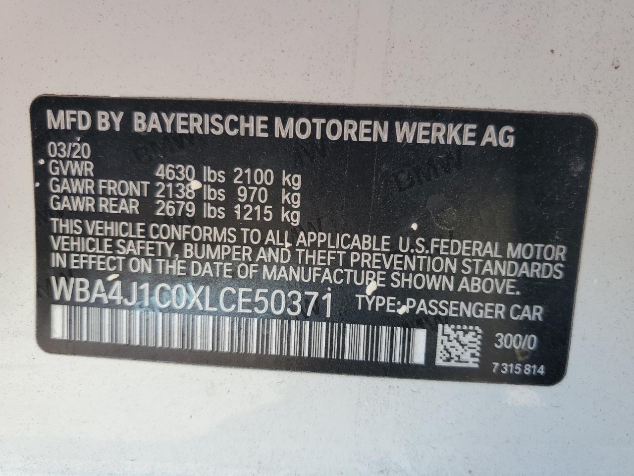 2020 BMW 430I Gran Coupe VIN: WBA4J1C0XLCE50371 Lot: 82331045
