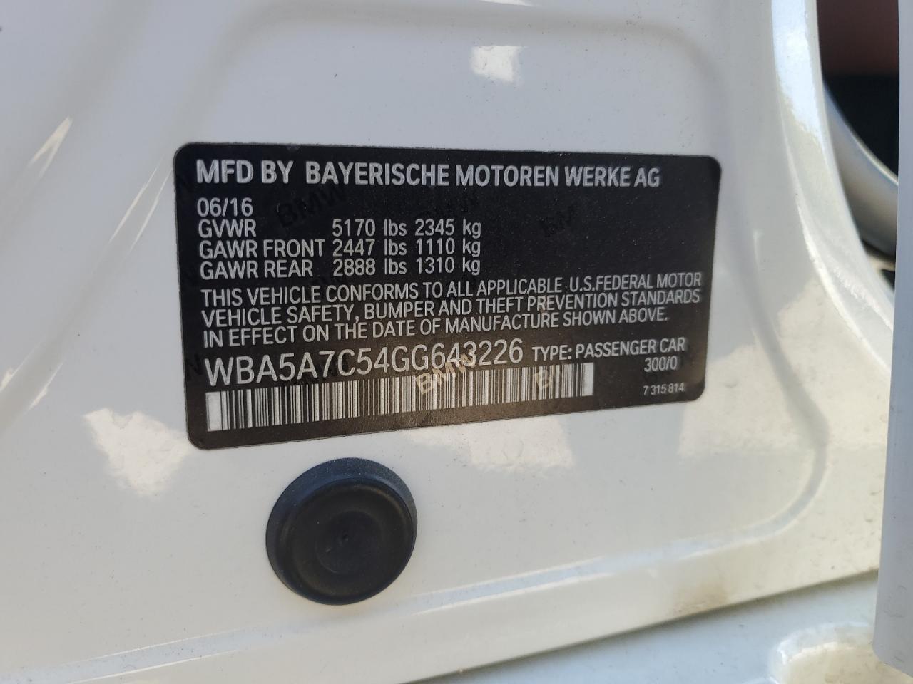 2016 BMW 528 Xi VIN: WBA5A7C54GG643226 Lot: 81982885