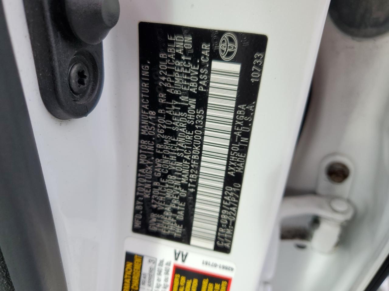 2019 Toyota Avalon Xle VIN: 4T1B21FB0KU001335 Lot: 85666325