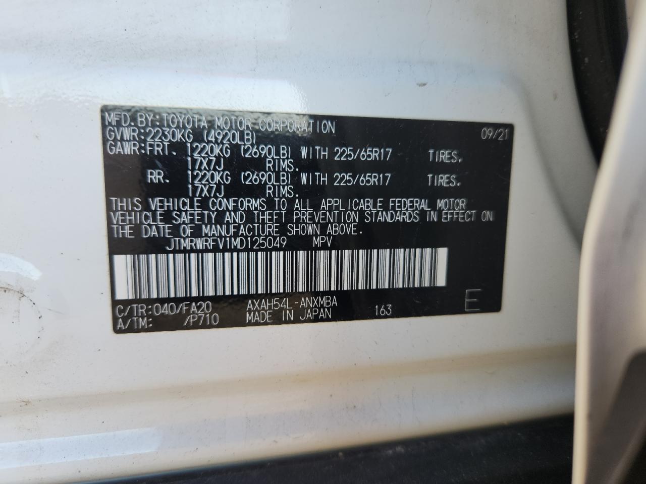 2021 Toyota Rav4 Xle VIN: JTMRWRFV1MD125049 Lot: 82257145