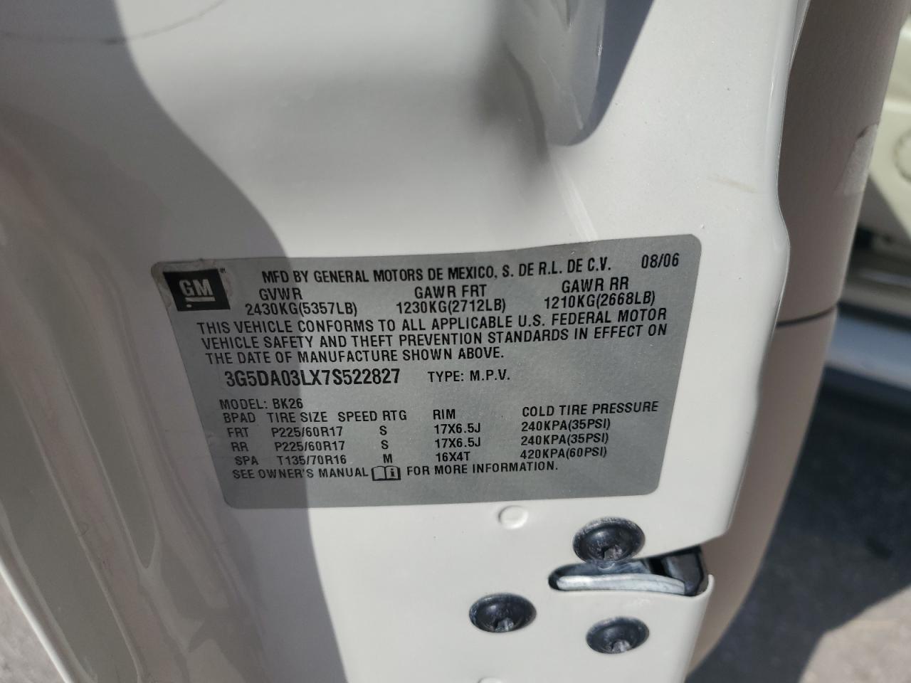 2007 Buick Rendezvous Cx VIN: 3G5DA03LX7S522827 Lot: 84901155