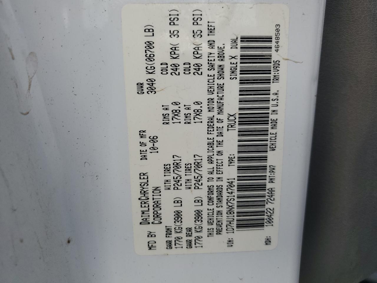 2007 Dodge Ram 1500 St VIN: 1D7HU18NX7S147041 Lot: 85860855