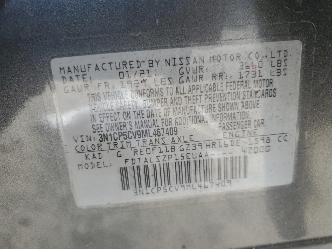 2021 Nissan Kicks Sv VIN: 3N1CP5CV9ML467409 Lot: 85857135