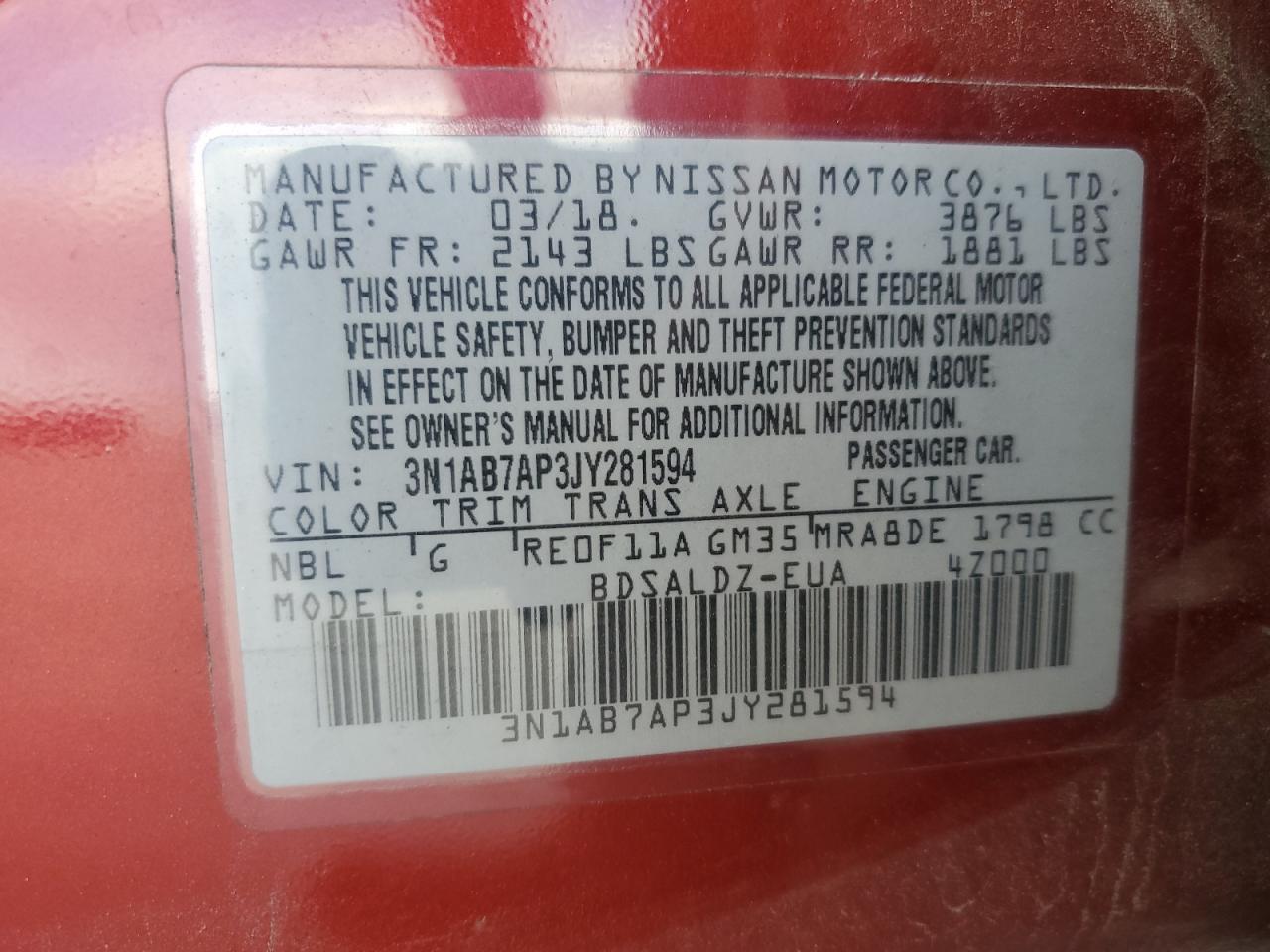 2018 Nissan Sentra S VIN: 3N1AB7AP3JY281594 Lot: 82351195