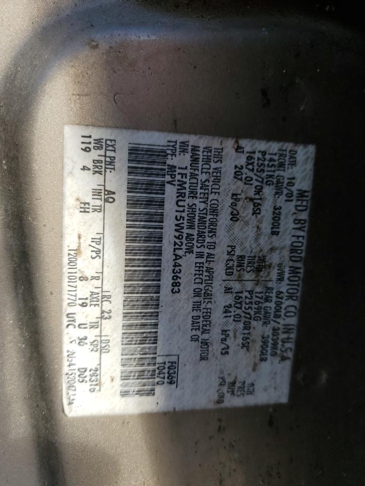 2002 Ford Expedition Xlt VIN: 1FMRU15W92LA43683 Lot: 85700215